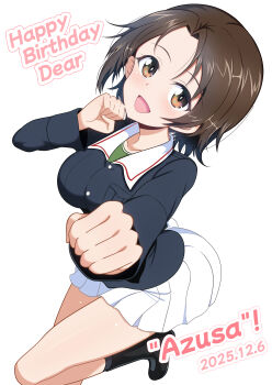 1girl absurdres ass blush breasts brown_eyes brown_hair character_name commentary_request dated girls_und_panzer gratin_(kumaisao) happy_birthday highres large_breasts looking_at_viewer military_uniform miniskirt ooarai_military_uniform open_mouth sawa_azusa short_hair simple_background skirt smile solo white_background