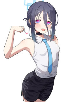 1girl absurdres aris_(blue_archive) black_hair black_shorts blue_archive blue_eyes blue_halo blush breasts chainsaw_man cosplay halo highres looking_at_viewer musuru pink_eyes reze_(chainsaw_man)_(cosplay) shirt shorts simple_background sleeveless sleeveless_shirt small_breasts solo twitter white_background white_shirt