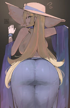 1girl ass azz0422 blonde_hair blue_sarong breasts curvy cynthia_(pokemon) cynthia_(summer_2025)_(pokemon) from_behind grey_background grey_eyes hat highres large_breasts long_hair looking_to_the_side nintendo official_alternate_costume pokemon pokemon_masters_ex qr_code sarong solo sun_hat sweat very_long_hair