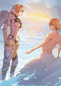 1boy 1girl android blonde_hair blue_eyes cyborg fiora_(xenoblade) mecha-fiora merman monster_boy muscular muscular_male short_hair shulk_(xenoblade) tangmen_igo water xenoblade_chronicles_(series) xenoblade_chronicles_1
