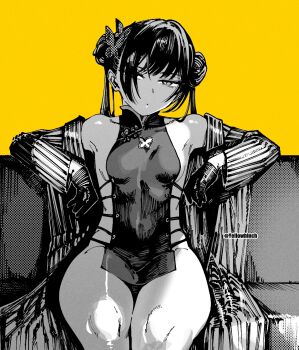 1girl ben-day_dots blue_archive breasts butterfly_hair_ornament china_dress chinese_clothes closed_mouth coat collarbone commentary cross-laced_slit dated_commentary dot_mouth double_bun dress feet_out_of_frame gloves greyscale_with_colored_background hair_bun hair_ornament hair_over_one_eye halftone highres kisaki_(blue_archive) looking_at_viewer off_shoulder open_clothes open_coat otimusyairoha pelvic_curtain revealing_clothes screentones shanghai_neckline sideboob simple_background sitting small_breasts solo striped_coat thighs twitter_username vertical-striped_coat