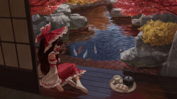 1girl absurdres an_yb ankle_socks architecture arm_support autumn autumn_leaves bare_shoulders bow bush commentary_request dango day detached_sleeves east_asian_architecture food frilled_bow frilled_hair_tubes frilled_skirt frilled_sleeves frills from_behind hair_bow hair_tubes hakurei_reimu highres koi leaf long_hair maple_tree nontraditional_miko on_floor outdoors pond red_bow red_ribbon red_shirt red_skirt red_trim reflection reflective_liquid ribbon ribbon-trimmed_sleeves ribbon_trim ripples scenery shirt shouji sitting skirt skirt_set sleeveless sleeveless_shirt sliding_doors socks solo tea_set teapot touhou tray tree veranda wagashi white_sleeves white_socks white_trim wide_shot wide_sleeves yokozuwari