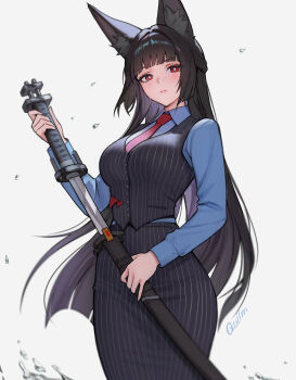 1girl absurdres alternate_costume animal_ear_fluff animal_ears artist_name black_hair black_skirt black_vest blue_shirt blush breasts bright_pupils closed_mouth cowboy_shot fox_ears fox_girl grey_background highres holding holding_sword holding_weapon hoshimi_miyabi katana large_breasts long_hair looking_at_viewer necktie quilm red_eyes red_necktie sheath shirt skirt solo striped_clothes striped_skirt striped_vest sweat sword vertical-striped_clothes vertical-striped_skirt vertical-striped_vest vest weapon white_pupils zenless_zone_zero