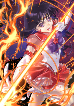 Rule 34 | absurdres, bishoujo senshi sailor moon, black hair, boots, brooch, choker, commentary request, earrings, elbow gloves, fire, gloves, highres, hino rei, jewelry, katt sun, lips, long hair, looking at viewer, mars arrow, mars flame sniper, open mouth, purple eyes, pyrokinesis, red sailor collar, red skirt, sailor collar, sailor mars, sailor senshi uniform, skirt, standing, standing on one leg, star (symbol), star brooch, star choker, super sailor mars (stars), thighs, very long hair, white boots, white gloves