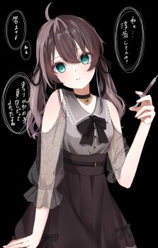 Rule 34 | 1girl, ahoge, belt, black belt, black choker, black ribbon, blank eyes, brown hair, choker, hair ribbon, heart, heart choker, highres, holding, holding syringe, hololive, nanahoshi (n bl08), natsuiro matsuri, natsuiro matsuri (casual), ribbon, see-through clothes, see-through sleeves, skirt, solo, syringe, twintails, virtual youtuber