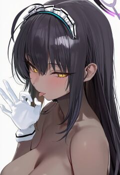 1girl ai-assisted black_hair blue_archive blush breasts cleavage commentary dark-skinned_female dark_skin gloves halo hand_up highres implied_nudity karin_(blue_archive) long_hair looking_at_viewer maid_headdress preview_(preview0) purple_halo simple_background solo symbol-only_commentary tongue tongue_out white_background white_gloves yellow_eyes
