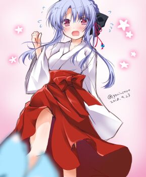 Rule 34 | 1girl, 2018, alternate costume, arm at side, asahina yori, black bow, blue hair, blurry, blush, bow, clenched hand, clothes lift, commentary, dated, depth of field, embarrassed, eyes visible through hair, feet out of frame, floating hair, furrowed brow, gluteal fold, groin, hair between eyes, hair bow, hair ribbon, hakama, hakama skirt, hand up, inari (summer pockets), japanese clothes, long hair, long sleeves, looking at viewer, miko, nail polish, no panties, one-hour drawing challenge, open mouth, pink background, red bow, red eyes, red hakama, red ribbon, ribbon, sidelocks, simple background, sketch, skirt, skirt bow, skirt lift, solo, sorakado ao, standing, star (symbol), summer pockets, twitter username, wide sleeves, wind, wind lift