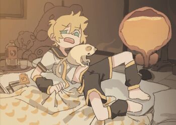 1boy animated animated_gif barefoot bed_sheet black_shorts bladder blonde_hair blue_eyes cat have_to_pee kagamine_len kenoru lying male_focus necktie on_back on_bed open_mouth pee sheet_grab shorts shota spread_legs tagme vocaloid yellow_necktie