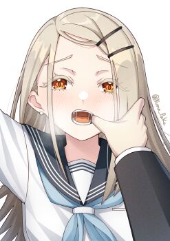 Rule 34 | 1boy, 1girl, absurdres, artist name, black sailor collar, blonde hair, blue neckerchief, blush, commentary, finger in another's mouth, gakuen idolmaster, hair ornament, hairclip, hatsuboshi gakuen school uniform, highres, idolmaster, kumapako, long hair, looking at viewer, neckerchief, open mouth, orange eyes, parallel hairclips, pov, pov hands, producer (idolmaster), sailor collar, school uniform, shinosawa hiro, shirt, simple background, solo focus, symbol-only commentary, teeth, twitter username, upper body, white background, white shirt