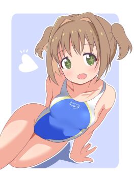 1girl :d arm_behind_back bare_arms bare_legs bare_shoulders blue_background blue_one-piece_swimsuit border breasts brown_hair clothes_writing collarbone colored_inner_hair commentary copyright_name fang green_eyes hair_intakes heart highres light_blush looking_at_viewer male-female_symbol multicolored_hair multicolored_one-piece_swimsuit oka_asahi one-piece_swimsuit onii-chan_wa_oshimai! open_mouth outline outside_border short_hair simple_background sitting small_breasts smile solo star-shaped_pupils star_(symbol) swimsuit symbol-shaped_pupils two-tone_hair two_side_up unkimo white_border white_one-piece_swimsuit white_outline yokozuwari