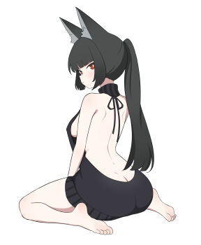 Rule 34 | 1girl, absurdres, alternate costume, animal ears, anime coloring, arutemisu180, ass, bare back, bare shoulders, barefoot, black hair, breasts, bright pupils, butt crack, commentary, english commentary, feet, full body, highres, hoshimi miyabi, long hair, looking at viewer, median furrow, medium breasts, parted lips, ponytail, red eyes, simple background, sitting, soles, solo, toes, virgin killer sweater, wariza, white background, white pupils, zenless zone zero