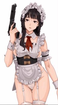 animated animated_gif apron black_hair gun legwear_garter moving_hips naked_apron nipples thighhighs wani_(perfect_han) weapon