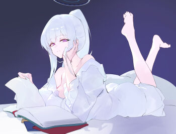 1girl absurdres bare_shoulders barefoot blue_archive breasts dokshuri dress feet_up grey_hair halo highres large_breasts light_smile looking_at_viewer lying noa_(blue_archive) noa_(pajamas)_(blue_archive) official_alternate_costume on_stomach ponytail purple_eyes sleepwear solo the_pose white_dress