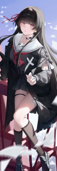1girl absurdres arm_cutout black_choker black_hair black_jacket black_serafuku black_shirt black_shoes black_skirt black_socks chisa_(wuthering_waves) choker closed_mouth clothing_cutout collarbone commentary erdongjinming hair_ribbon highres jacket loafers long_hair long_sleeves mole mole_under_eye neckerchief red_eyes red_neckerchief red_ribbon ribbon sailor_collar school_uniform serafuku shirt shoes skirt socks solo tacet_mark_(wuthering_waves) thigh_strap thighs white_sailor_collar wuthering_waves