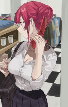 Rule 34 | 1girl, absurdres, bag, black skirt, breasts, cellphone, cellphone charm, charm (object), checkered floor, cleavage, commentary request, hair bun, highres, holding, holding phone, hololive, houshou marine, indoors, large breasts, nekoshima kaede, open mouth, phone, pleated skirt, red eyes, red hair, red nails, school bag, school uniform, shirt, shirt tucked in, skirt, solo, talking on phone, virtual youtuber, white shirt