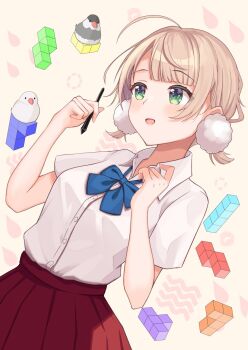 1girl ahoge beige_background bird bird_request blonde_hair breasts cowboy_shot dove earrings green_eyes hair_ornament highres holding holding_stylus java_sparrow jewelry looking_ahead mikoto_paint pom_pom_(clothes) pom_pom_earrings pom_pom_hair_ornament red_skirt shigure_ui_(summer_uniform)_(vtuber) shigure_ui_(vtuber) shigure_ui_(summer_uniform)_(vtuber) shirt short_hair short_twintails skirt small_breasts smile solo stylus tetris twintails virtual_youtuber white_java_sparrow white_shirt