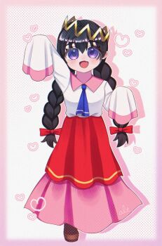 Rule 34 | 1girl, alt 0218, black hair, bow, braid, crown, hair bow, heart, highres, kirby (series), kirby 64, long hair, long skirt, low twin braids, nintendo, open mouth, pink skirt, purple eyes, red bow, ripple star queen, signature, skirt, sleeves past fingers, sleeves past wrists, smile, twin braids
