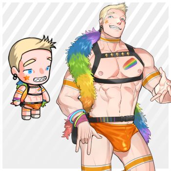 1boy abs absurdres bara bare_pectorals belt blonde_hair bracelet briefs bulge chest_harness covered_penis cowboy_shot ero_condo framed_pectorals furrowed_brow grin harness head_tilt highres jewelry kienbiu large_pectorals lgbt_pride male_focus male_underwear muscular muscular_male navel nipples official_alternate_costume orange_male_underwear paid_reward_available pectorals rainbow_flag rainbow_flag_tattoo ribbon sharp_teeth short_hair simple_background smile solo standing stomach suplex_(ero_condo) tattoo teeth underwear w