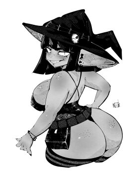 1girl ass ass_freckles belt belt_pouch blush body_freckles bracelet breast_freckles breasts commentary cropped_legs english_commentary female_goblin freckles from_behind goblin greyscale grin hat hat_ornament hatching_(texture) highres jewelry large_breasts leotard linear_hatching looking_at_viewer looking_back miregeist monochrome original pointy_ears pouch sharp_teeth short_hair shortstack shoulder_freckles simple_background skull_hat_ornament slit_pupils smile solo teeth thong_leotard white_background witch witch_hat