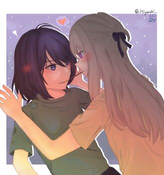 2girls absurdres black_ribbon blush braid brown_hair commentary english_commentary food green_shirt hair_ribbon half_up_braid heart highres hiyooshi long_hair medium_hair miyagi_shiori multiple_girls pocky pocky_day pocky_kiss purple_background purple_eyes purple_hair ribbon sendai_hazuki shared_food shirt shuuniichido_classmate_wo_kau_hanashi yellow_shirt yuri