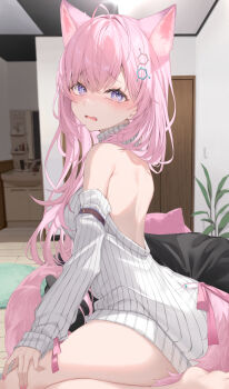 1girl absurdres animal_ears antenna_hair back bare_shoulders blurry blurry_background blush breasts checkered_ceiling cushion detached_sleeves fang fingernails hair_between_eyes hair_ornament hakui_koyori highres hololive indoors koyokurosuki large_breasts long_hair long_sleeves looking_at_viewer looking_back nail_polish open_mouth pink_hair pink_nails pink_ribbon pink_tail plant purple_eyes ribbed_sleeves ribbed_sweater ribbon sink sitting sleeve_garter solo sweater tail thighs virtual_youtuber wariza white_sleeves white_sweater wolf_ears wolf_girl wolf_tail wooden_floor