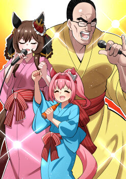 1boy 2girls ^_^ absurdres animal_ears aramori_susumu arm_up black_hair blonde_hair blue_kimono bottle bow braid braided_hair_rings brown_hair clenched_hand closed_eyes commentary ear_bow ear_ornament earrings forehead gentildonna_(umamusume) glasses hair_rings hairband haru_urara_(umamusume) highres holding holding_bottle holding_microphone horse_ears horse_girl horse_tail japanese_clothes jewelry kimono long_hair long_sleeves metal_gear_(series) metal_gear_rising:_revengeance microphone multiple_girls muscular muscular_male music obi open_mouth pink_hair pink_kimono ponytail red_hairband red_sash sash short_hair singing steven_armstrong symbol-only_commentary tail umamusume very_short_hair white_bow wide_sleeves