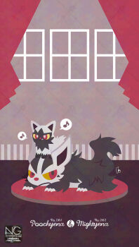 Rule 34 | animal focus, black fur, character name, claws, closed mouth, colored sclera, evolutionary line, fangs, gen 3 pokemon, grey fur, highres, lying, meme (sleepsheep), mightyena, musical note, nintendo, on head, on stomach, pokemon, pokemon (creature), pokemon focus, pokemon on head, poochyena, red eyes, speech bubble, spoken musical note, tail, yellow eyes, yellow sclera