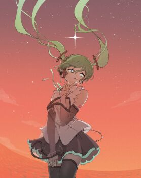 1girl aqua_eyes aqua_trim black_skirt black_thighhighs closed_mouth cloud commentary_request detached_sleeves extra_pupils finger_to_own_chin floating_hair green_hair hair_between_eyes hair_ornament hand_up hatsune_miku hatsune_miku_(nt) headset highres light_smile long_hair looking_at_viewer number_tattoo orange_sky piapro_studio sabaku_(saba9) see-through_clothes see-through_sleeves shirt shoulder_tattoo skirt sky solo star_(sky) tattoo thighhighs twintails very_long_hair vocaloid white_shirt