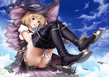 1girl :d ass between_legs black_boots blush boots brown_eyes cloud commentary_request day destruction djeeta_(granblue_fantasy) dust_cloud female_focus floating_island giant giantess gloves granblue_fantasy hand_between_legs hat high_heel_boots high_heels huge_giantess light_brown_hair open_mouth panties pantyshot rakia_(ds00309) shiny_clothes short_hair sky smile solo teeth thigh_boots thighhighs thighs underwear warlock_(granblue_fantasy) white_gloves white_panties witch_hat