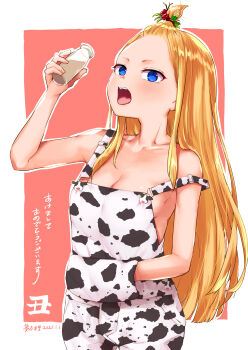 Rule 34 | 1girl, absurdres, animal print, blonde hair, blue eyes, blush, bottle, breasts, character request, chocolate milk, cleavage, collarbone, copyright request, cow print, cowboy shot, dated, hair bun, hair ornament, hairclip, half updo, hand in pocket, highres, long hair, looking at viewer, medium breasts, milk bottle, naked overalls, open mouth, original, overalls, shiny skin, sideboob, sidelocks, signature, single hair bun, straight hair, topknot, tsumuji magari x spring, yumeno tanuki