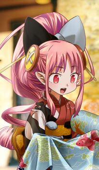 1girl :d animal_print blurry blurry_background bow button_hair_ornament commentary_request fate/grand_order fate_(series) game_cg habetrot_(fate) habetrot_(over_the_same_sky)_(fate) hair_bow hair_ornament hair_stick high_ponytail hirai_yukio holding japanese_clothes kimono long_hair long_sidelocks looking_down obi official_art open_mouth photo_background pink_hair pointy_ears ponytail red_eyes red_kimono sash sidelocks smile solo third-party_source upper_body yellow_sash