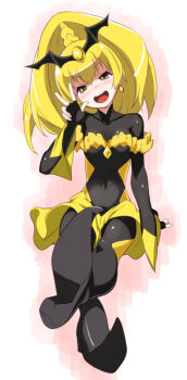 Rule 34 | 1girl, :d, bad end peace, bad end precure, black bodysuit, black gloves, black shoes, blonde hair, bodysuit, breasts, commentary request, covered navel, diamond-shaped earrings, fingerless gloves, gloves, long hair, long sleeves, looking at viewer, open mouth, pointy shoes, ponytail, precure, shoes, simple background, skirt, smile, smile precure!, solo, teeth, upper teeth only, ushiki yoshitaka, w, yellow eyes, yellow skirt