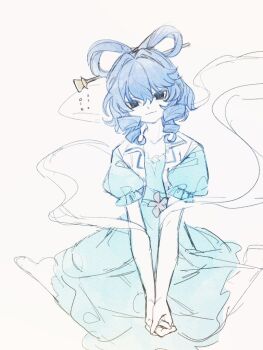 1girl 80isiiii aqua_dress blue_hair closed_mouth collarbone dress drill_hair hair_between_eyes kaku_seiga light_smile looking_at_viewer medium_hair own_hands_together short_sleeves sitting solo touhou twin_drills wariza white_background