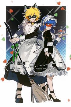 1boy 1girl abstract_background absurdres adrien_agreste animal_ears apron bell black_collar black_dress black_mask black_shoes blonde_hair blue_eyes blue_hair broom cat_ears closed_mouth collar crossdressing dress eye_mask fiy1827565 frilled_apron frilled_dress frills full_body green_eyes halftone halftone_background heart highres holding holding_broom maid maid_apron maid_headdress marinette_dupain-cheng mask miraculous_ladybug neck_bell red_mask shoes short_hair smile standing teeth twintails