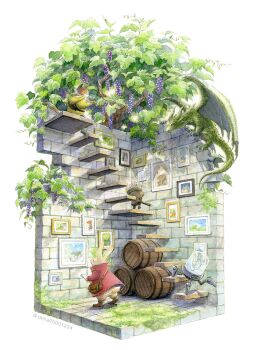 2others bag barrel brown_bag brown_shoes cat coat commentary diorama dragon fish flower food fruit furry grapes highres hood hood_down hoodie moss multiple_others non-humanoid_robot original painting_(object) picture_frame plant potted_plant rabbit red_coat robot shoes shoulder_bag stairs standing tama_(amedamadou) tree twitter_username yellow_hoodie