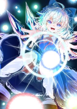 1girl bloomers blue_bow blue_dress blue_hair bow cirno collared_shirt commentary danmaku detached_wings dress hair_bow highres ice ice_wings incoming_attack looking_at_viewer nanahana_nanana neck_ribbon open_mouth pinafore_dress red_ribbon ribbon shirt shoes sleeveless sleeveless_dress smile socks solo touhou underwear upskirt white_bloomers white_shirt white_socks wings