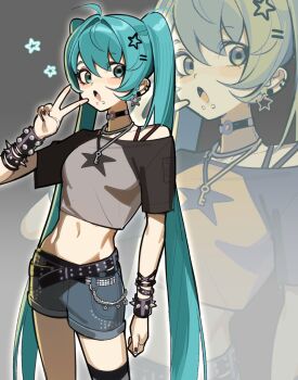 1girl :o aqua_eyes aqua_hair belt wallet_chain black_choker black_nails blue_hair bracelet choker crop_top ear_piercing erinartista fashion green_hair hair_ornament hatsune_miku highres jewelry long_hair multiple_belts multiple_hair_clips necklace open_mouth piercing punk short_shorts shorts snakebite_(piercing) solo solo_focus spiked_bracelet spikes star_(symbol) star_hair_ornament studded_belt studded_bracelet twintails v very_long_hair vocaloid