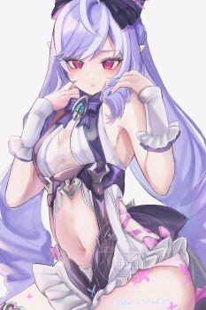 1girl bow breasts clothing_cutout hair_bow heart_cutout highres long_hair looking_at_viewer medium_breasts navel official_alternate_costume ototuki_ena parted_lips purple_hair red_eyes simple_background solo stomach swimsuit very_long_hair vivian_banshee vivian_banshee_(iris_of_the_shore) white_background zenless_zone_zero