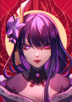 Rule 34 | 1girl, blunt bangs, breasts, cleavage, closed mouth, clothing cutout, commentary, elwenz, english commentary, fan hair ornament, genshin impact, glowing, glowing eyes, hair ornament, highres, japanese clothes, kimono, large breasts, long hair, looking at viewer, mole, mole under eye, neck ribbon, off shoulder, purple eyes, purple hair, purple kimono, raiden shogun, red lips, red ribbon, ribbon, shade, shoulder cutout, solo, statue of the seven, upper body, wings