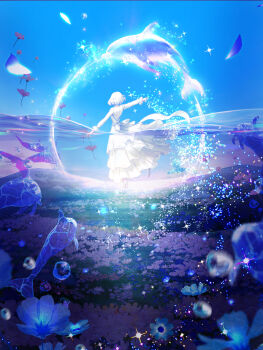 1girl absurdres blue_theme bob_cut bug butterfly daisy_(flower) dancing dolphin dress flower frilled_dress frills from_behind glowing_motes highres insect leaping makoron117117 original pale_skin partially_submerged petals runway_de_waratte solo water_drop what white_dress white_hair