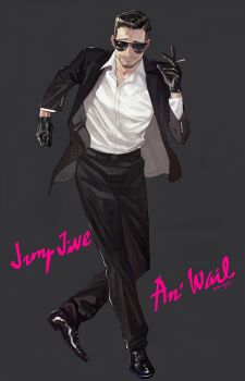 1boy beard_stubble black_background black_gloves black_hair black_jacket black_pants black_shoes character_request cigarette closed_mouth collared_shirt copyright_request ctkcave dancing dress_pants dress_shoes english_text eyewear_on_head facial_hair formal_clothes gloves hair_slicked_back highres holding holding_cigarette jacket male_focus mature_male open_clothes open_jacket pants shirt shoes short_hair simple_background smile solo stubble suit suit_jacket sunglasses white_shirt