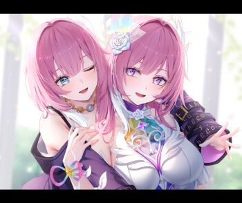 2girls bare_shoulders blue_eyes blurry blurry_background breasts commentary cyrene_(aedes_elysiae)_(honkai:_star_rail) cyrene_(honkai:_star_rail) cyrene_(ripples_of_past_reverie)_(honkai:_star_rail) diamond-shaped_pupils diamond_(shape) dual_persona flower hair_flower hair_intakes hair_ornament highres honkai:_star_rail honkai_(series) jewelry large_breasts letterboxed looking_at_another multiple_girls necklace one_eye_closed open_mouth outdoors pink_hair purple_eyes purple_flower purple_rose rose sakuno_(sksk_sakuno) smile symbol-shaped_pupils upper_body