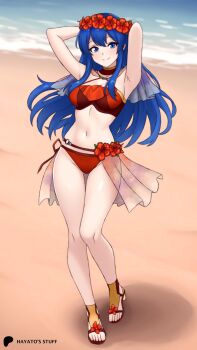 1girl armpits arms_behind_head beach bikini blue_eyes blue_hair breasts cleavage closed_mouth commentary english_commentary fire_emblem fire_emblem:_the_binding_blade fire_emblem_heroes flower full_body gluteal_fold hair_flower hair_ornament hayato_stuff high_heel_sandals highres lilina_(fire_emblem) lilina_(summer)_(fire_emblem) long_hair looking_at_viewer medium_breasts navel nintendo official_alternate_costume red_bikini sandals sidelocks smile solo swimsuit