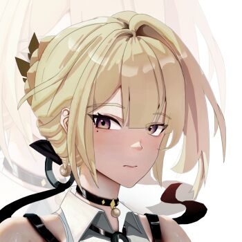 1girl bare_shoulders blonde_hair closed_mouth commentary_request evelyn_chevalier hair_intakes long_ribbon looking_to_the_side pendant_choker portrait purple_eyes ring_hair_ornament shirt simple_background sleeveless sleeveless_shirt solo whh_114514 white_background white_shirt zenless_zone_zero zoom_layer