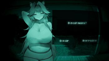 1girl animal_ears breasts english_text highres hololive hololive_english large_breasts long_hair looking_at_viewer multicolored_hair no_i&#039;m_not_a_human panther_ears panther_girl parody raora_panthera rieko_(kuusairieko) solo streaked_hair virtual_youtuber