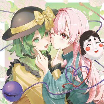 Rule 34 | 2girls, artist collaboration, black hat, blue shirt, bow, cheek-to-cheek, collared shirt, commentary request, eyeball, flower, frilled shirt collar, frilled sleeves, frills, gakubuchi 9, green hair, hat, hat bow, hata no kokoro, heads together, heart, heart of string, highres, ko gyoku, komeiji koishi, long hair, long sleeves, mask, multiple girls, one eye closed, open mouth, pink eyes, pink hair, plaid clothes, plaid shirt, rose, shirt, smile, third eye, touhou, wide sleeves, yellow bow, yuri