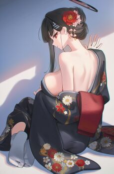 1girl ai-assisted alternate_costume back black_hair black_halo black_kimono blue_archive breasts commentary english_commentary floral_print floral_print_kimono flower hair_flower hair_ornament halo highres huge_breasts japanese_clothes kimono long_hair looking_at_viewer mechanical_halo parted_lips poki_(j0ch3fvj6nd) print_kimono red_eyes rio_(blue_archive) single_bare_shoulder socks solo tabi updo white_socks