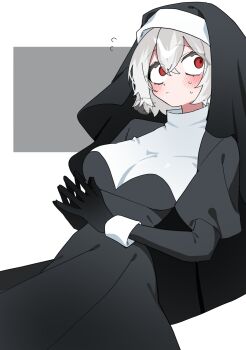 1girl absurdres asagiri_(oimotororo1116) black_dress black_gloves blush blush_stickers breasts closed_mouth commentary_request constricted_pupils dress flustered flying_sweatdrops gloves grey_hair hair_between_eyes highres large_breasts long_sleeves looking_to_the_side nun nun_headdress oimotororo1116 original own_hands_together puffy_sleeves red_eyes short_hair simple_background solo sweat sweatdrop traditional_nun white_background white_wrist_cuffs wrist_cuffs