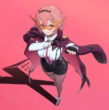 1girl absurdres belt black_choker black_footwear black_gloves black_hairband black_shorts breast_zipper breasts choker closed_mouth coat coat_on_shoulders collared_shirt commentary double-parted_bangs eyelashes fingerless_gloves from_above full_body gloves hair_between_eyes hairband head_wings high-waist_shorts highres hololive impossible_clothes impossible_shirt kamina_shades kanotype large_breasts latex_shorts legs long_sleeves looking_at_viewer necktie pantyhose pantyhose_under_shorts pink_background pink_hair purple_coat purple_eyes red_necktie shadow shirt short_hair short_shorts shorts simple_background skindentation smile solo standing sunglasses takane_lui takane_lui_(1st_costume) thigh_strap thighs triangular_eyewear virtual_youtuber white_shirt wings