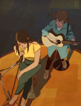2girls 55bata6rou black_eyes blue_shirt braid brown_hair closed_eyes closed_mouth crossed_legs from_above full_body green_pants guitar hasekura_yokiko highres holding holding_guitar holding_instrument holding_microphone_stand hosaka_mao indoors instrument kuuden_no_himegimi long_hair microphone_stand multiple_girls music pants playing_guitar playing_instrument shirt shoes short_sleeves singing sitting smile sneakers stage stool twin_braids yellow_shirt